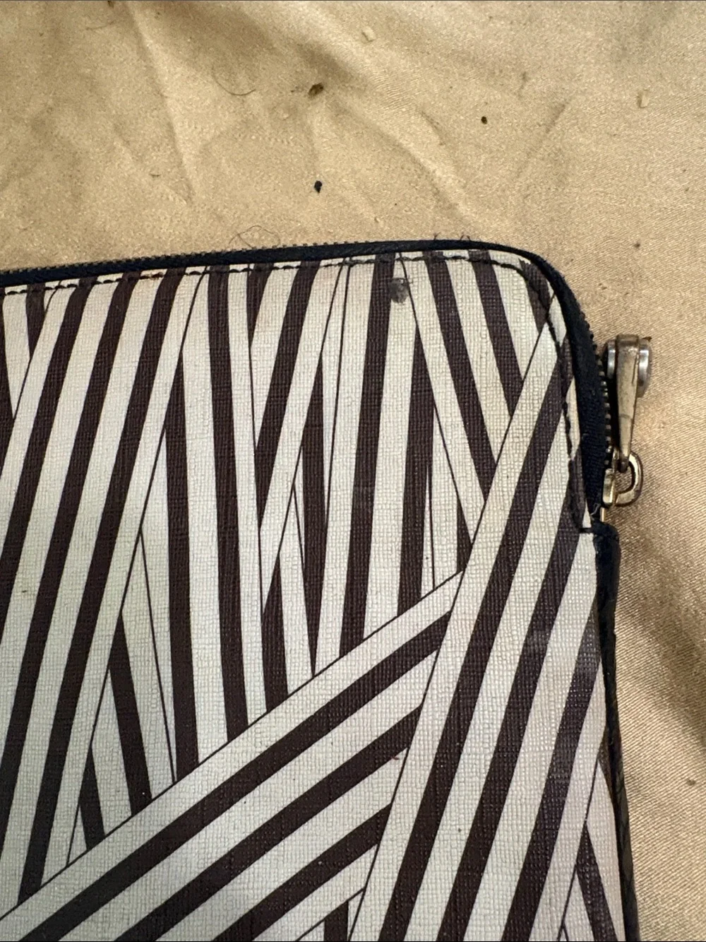Vintage Henri Bendel Black & White Striped Zip Pouch with Blue and Yellow Stripe